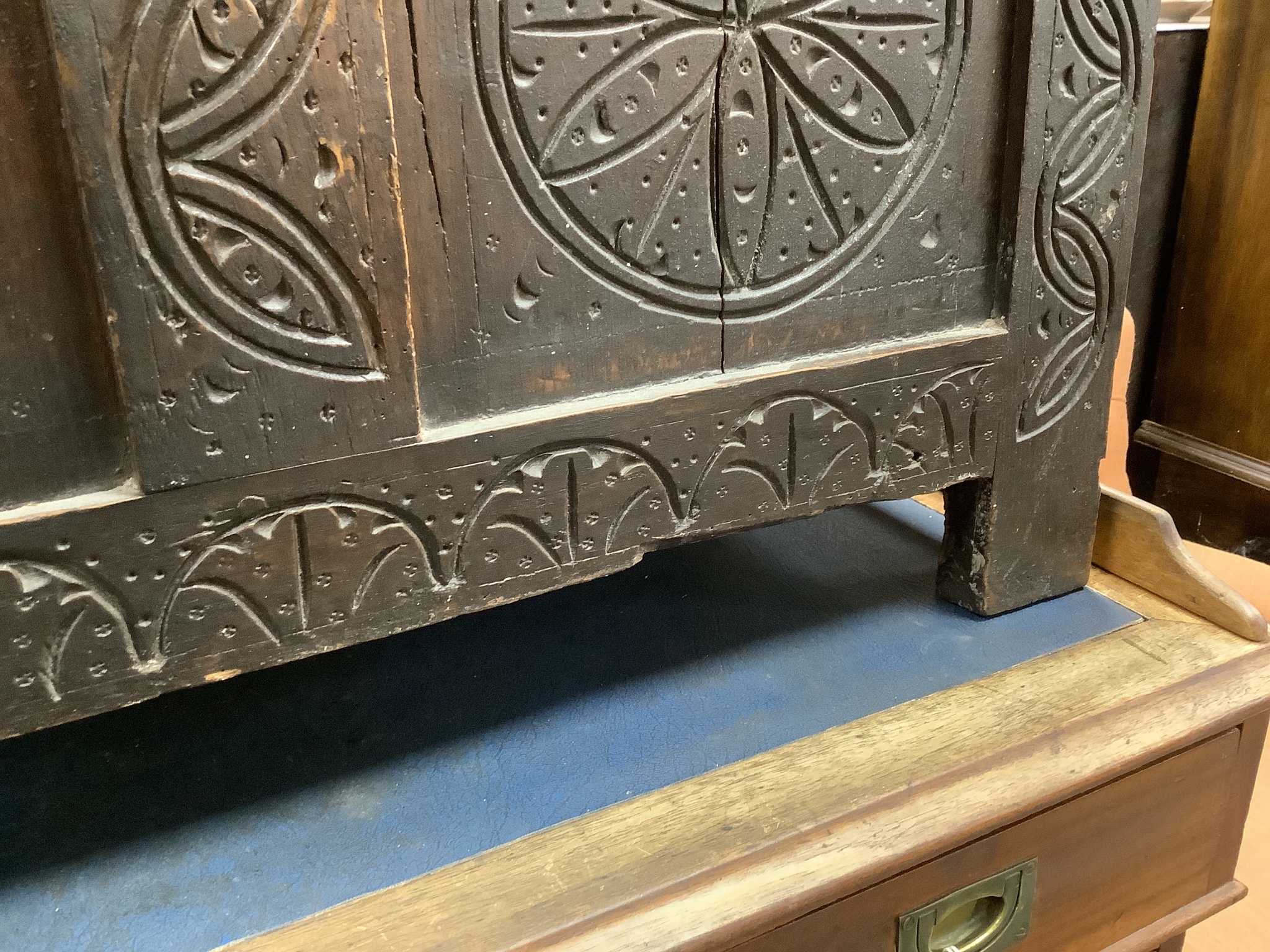 A late 17th century carved oak coffer, length 119cm, depth 46cm, height 54cm